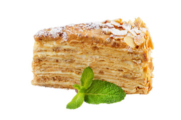 cheesecake slice decorated with mint leaf isolated