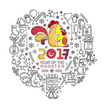2017 - Year of the Rooster. Rooster as animal symbol of Chinese New Year 2017 (hieroglyph translation Rooster). Linear icons set for Christmas and New Year