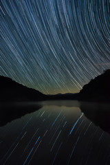 Star trails, mountain lake, Appalachian Mountains