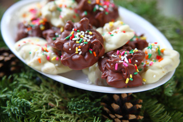 Milk and white chocolate candy decorated with sprinkles on Christmas greenery