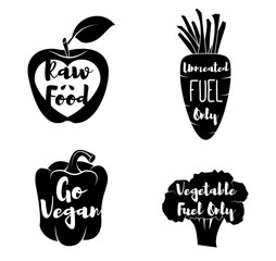 Obraz premium Vegan Labels set. - Cocept. doodle - Sweet Pepper. Red Apple. Green Broccoli. Carrot. Vector Illustration