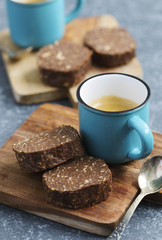 Cup of espresso and chocolate salami