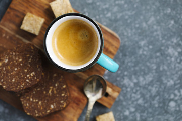 Cup of espresso and chocolate salami