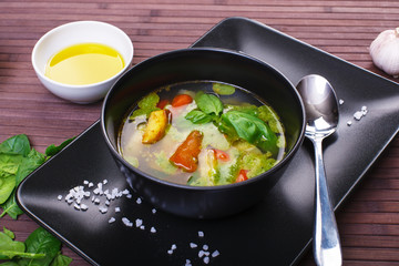 Bowl of vegetable Soup on wooden table