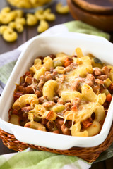 Chili con carne and macaroni pasta casserole in baking dish, photographed with natural light (Selective Focus, Focus one third into the dish)