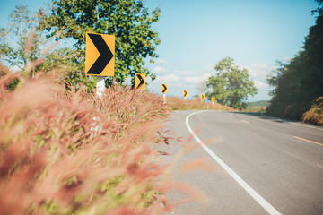 Signs of curved roads with grass and trees along the way beautif