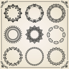 Vintage set of different elements. Different vector round elements for decoration and design frames, cards, menus, backgrounds and monograms. Classic patterns. Set of vintage patterns