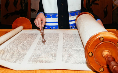 Jewish man dressed in ritual clothing Torah at Bar Mitzvah 5 SEPTEMBER 2015 USA