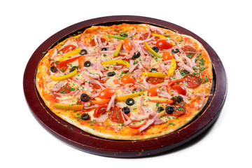 Delicious pizza on wooden tray