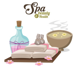 spa beauty and health with water bowl flower compress and towels vector illustration eps 10