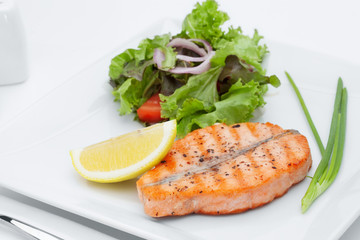 close  up view of nice yummy meal  on white back