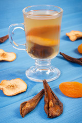 Fresh traditional compote of dried fruits and ingredients on boards
