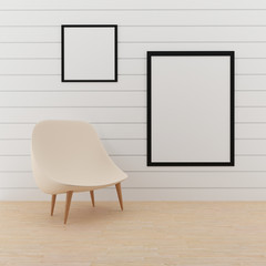mock up photo frame with small chair in 3D rendering