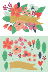 Valentines day greeting card design with hand drawn flowers