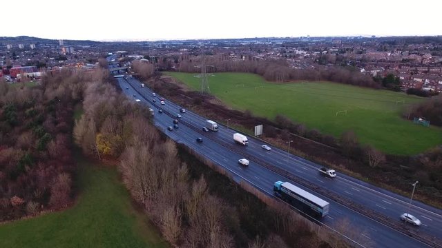 Aerial view of the M5 motorway near Birmingham, UK.