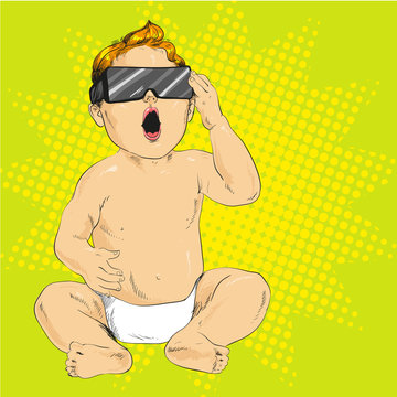 Vector illustration of baby in 3d anaglyph glasses, pop art