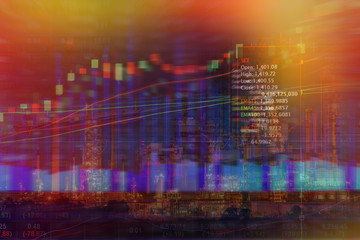 Stock market concept with oil refinery industry background,Double exposure.