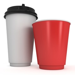 Disposable coffee cups. Blank paper mug. 3d render isolated on white background