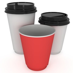 Disposable coffee cups. Blank paper mug. 3d render isolated on white background