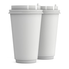 Disposable coffee cups. Blank paper mug with plastic cap. 3d render isolated on white background