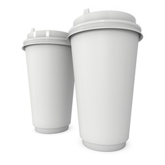 Disposable coffee cups. Blank paper mug with plastic cap. 3d render isolated on white background