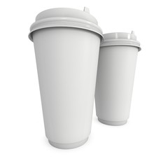 Disposable coffee cups. Blank paper mug with plastic cap. 3d render isolated on white background