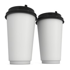 Disposable coffee cups. Blank paper mug with plastic cap. 3d render isolated on white background