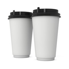 Disposable coffee cups. Blank paper mug with plastic cap. 3d render isolated on white background