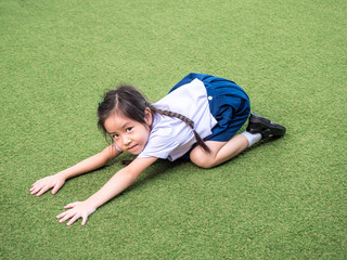 Fototapeta na wymiar Happy kid, asian baby child playing on playground, after school
