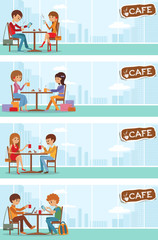 Couples of people in cafe. Vector Illustration with city landscape in window.