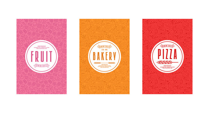 Set of template labels for bakery, pizza, fruit