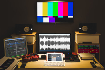 digital audio editing studio for TV broadcasting, spot ads, music recording, post production, film score composer