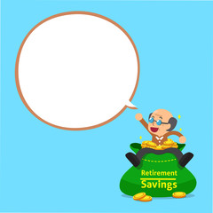 Cartoon senior man and big money bag with white speech bubble