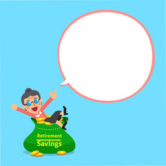 Senior woman and big money bag with white speech bubble