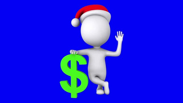 3d white man santa claus stand with green dollar sign. Wave hello. Render isolated on blue screen chroma key. Money concept.
