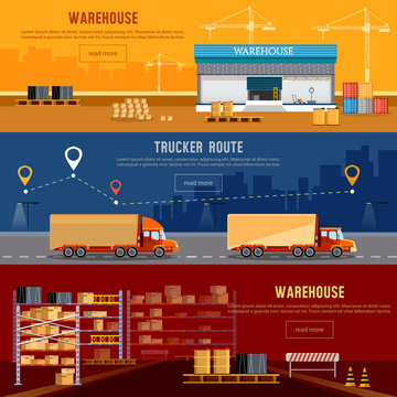 Warehouse banner, cargo transportation, warehouse interior
