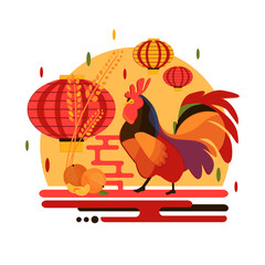 Chinese New Year 2017 rooster concept. Flat style iilustration with rooster, mandarin and chinese lantern. Christmas and new year party concept design with bird and fruit.