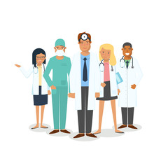 Obraz premium Doctors and surgeons set. Set of medical workers isolated on white background. Men and women doctors. Team of doctors stand together.