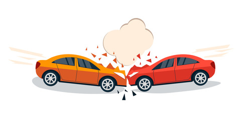 Car accident comic style vector illustration. Two cars hit head-on. Car accident flat design. Car crash banner.