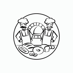 Two bakers and a table with bread in the foreground. Linear Vector illustration of an old bakery with oven.