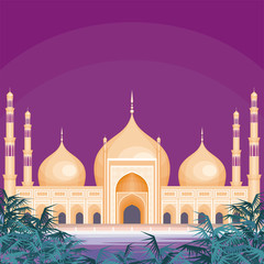 Vector background with the abstract image of the big beautiful mosque. City landscape.