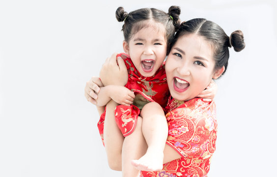 asian chinise family happy in red dress