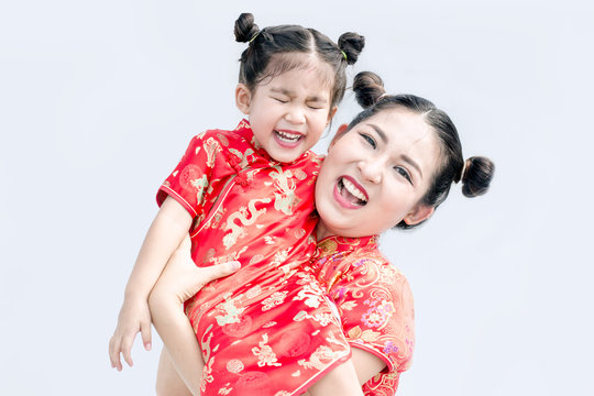asian chinise family happy in red dress