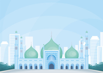 Vector background with the abstract image of the big beautiful mosque. City landscape.