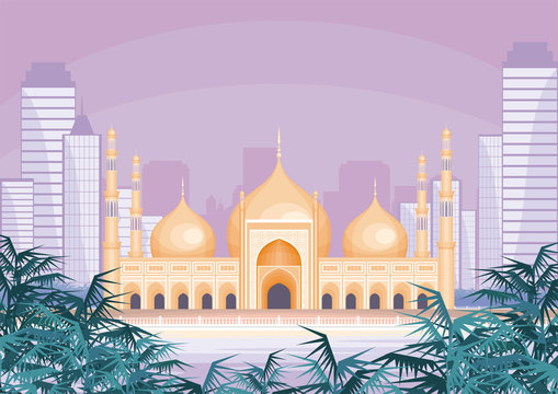 Vector background with the abstract image of the big beautiful mosque. City landscape.