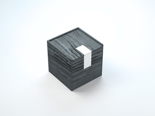 Square Black wooden box mockup with silver sticker on white background. 3d rendering