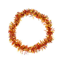 Festive alphabet made of red and yellow tinsel. Letter O on white background. Isolated