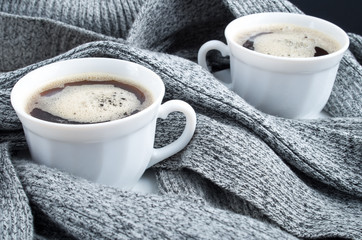 Two cups of hot coffee close up