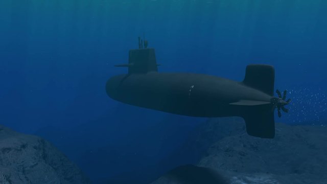 Computer generated submarine patrolling close to the ocean floor