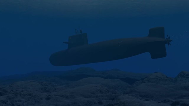 Computer generated submarine patrolling close to the ocean floor